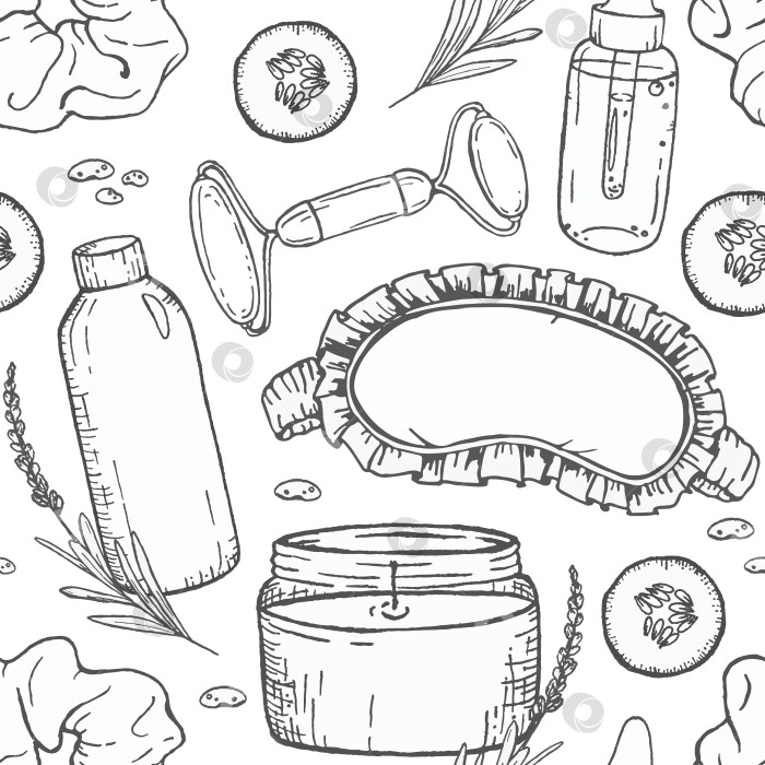 Скачать Иллюстрация тушью бесшовный узор с косметическими флакончиками, массажным валиком, маской для глаз, свечой, кремом и лавандой, графические линии для велнес-брендинга, косметической упаковки или текстильного дизайна. фотосток Ozero