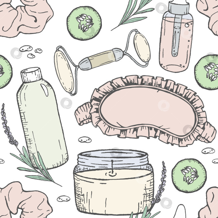 Скачать Иллюстрация тушью бесшовный узор с косметическими флакончиками, массажным валиком, маской для глаз, свечой, кремом и лавандой, графические линии для велнес-брендинга, косметической упаковки или текстильного дизайна. фотосток Ozero