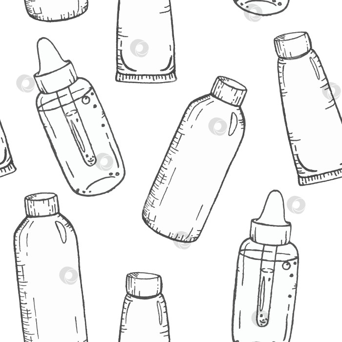 Скачать Нанесение тушью бесшовных узоров на косметические флаконы и спа-аксессуары, графические линии, элементы велнес-дизайна, нарисованные от руки для создания бренда красоты, упаковки средств по уходу за кожей, оберточной бумаги или дизайна поверхности. фотосток Ozero