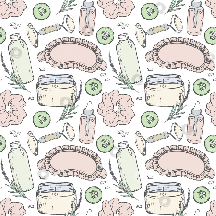Скачать Иллюстрация тушью бесшовный узор с косметическими флакончиками, массажным валиком, маской для глаз, свечой, кремом и лавандой, графические линии для велнес-брендинга, косметической упаковки или текстильного дизайна. фотосток Ozero
