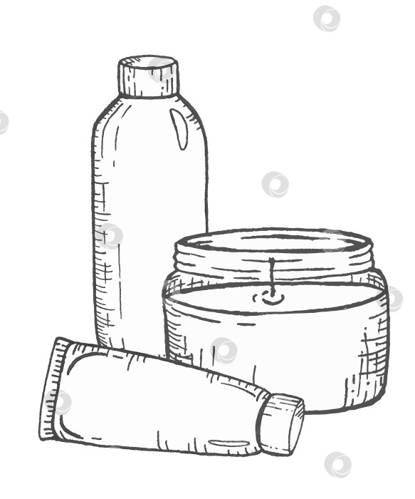 Скачать Иллюстрация тушью косметического флакончика, баночки с кремом и свечи, нарисованные от руки графические линии для средств по уходу за кожей, косметического брендинга или оздоровительных продуктов. фотосток Ozero