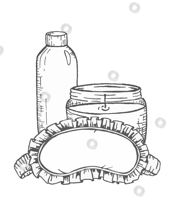Скачать Иллюстрация тушью спа-маски для глаз со свечой и косметической баночкой, нарисованные от руки графические линии для велнес-брендинга, упаковки косметических средств или концепций релаксации. фотосток Ozero