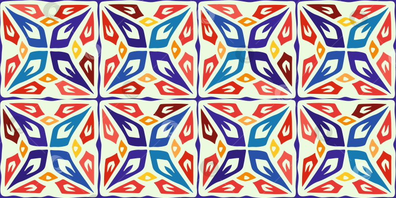 Скачать Мозаичная плитка с синим и оранжевым бесшовным рисунком. Геометрическая абстрактная этническая текстура. Орнамент для зимних спортивных мероприятий. Абстрактный цветочный фон. Принт для ткани и обоев. Векторная иллюстрация фотосток Ozero