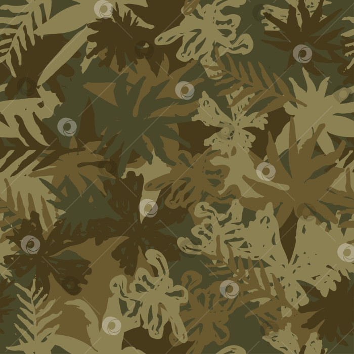 Скачать Камуфляж, нарисованный вручную тушью, с тропическими листьями, бесшовный узор. Гранжевые ветки и травы на фоне камуфляжа цвета хаки. Дизайнерский принт на ткани. Векторные обои фотосток Ozero