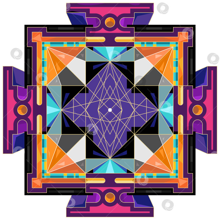 Скачать Абстрактная Шри-янтра. Символ индуистской тантры, образованный переплетающимися треугольниками, которые расходятся от центральной точки. Сакральная геометрия. Плакат для йоги и медитации. Векторная иллюстрация мистической диаграммы фотосток Ozero