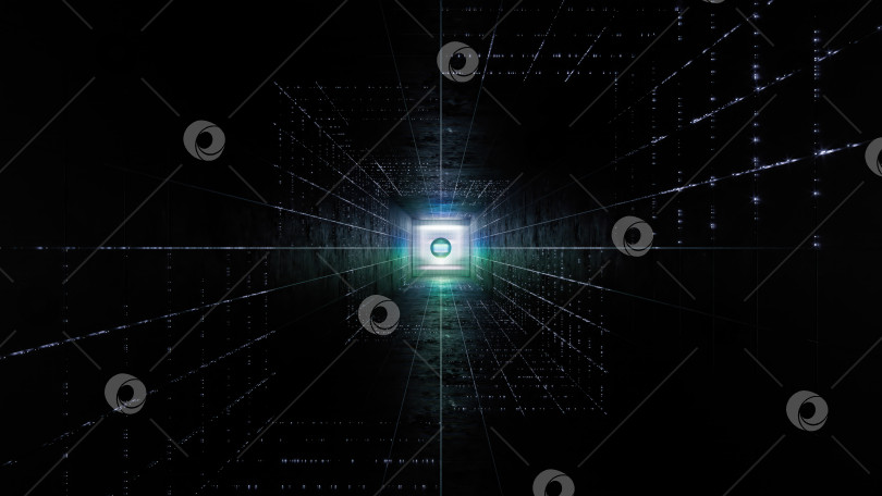 Скачать Абстрактный трехмерный научно-фантастический черный туннель. Червоточина поглощает киберпространство. ТРЕХМЕРНЫЙ портал. Футуристический фантастический туннель в стиле хай-тек. трехмерная иллюстрация. фотосток Ozero