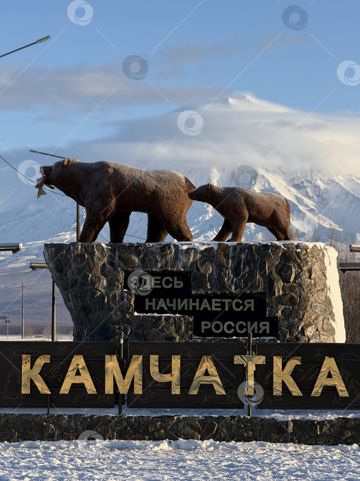 Скачать Скульптура медведя со знаком Камчатки и вулканом Корякский фотосток Ozero