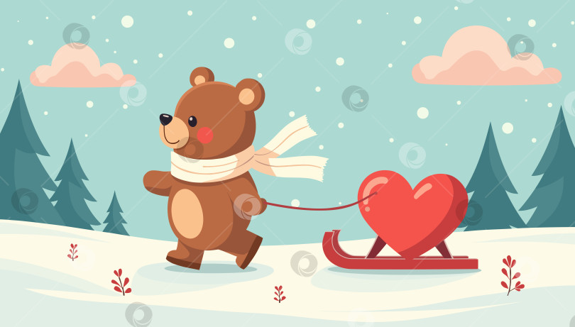 Скачать Иллюстрация, изображающая бурого медведя в теплом шарфе, который везет на санках красное сердечко как символ любви в зимнем лесу. фотосток Ozero