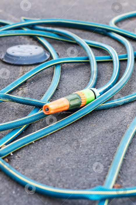 Скачать Подробный вид гибкого садового шланга с каплями воды и отражением солнечного света на асфальте фотосток Ozero