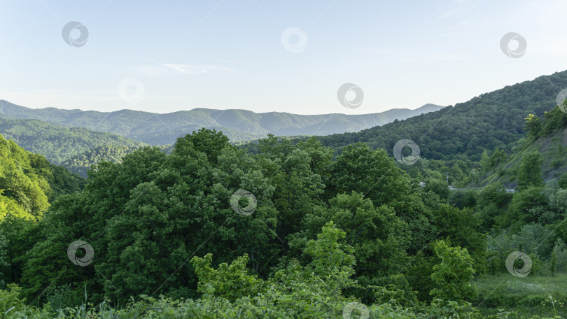 Скачать Живописный горный пейзаж с зелеными лесистыми вершинами Кавказских гор. Весенний пейзаж на перевале в Горячем Ключе. Краснодарский край, Россия фотосток Ozero