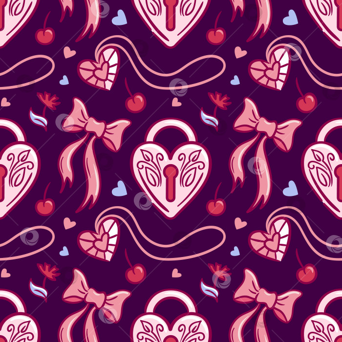 Скачать Причудливая векторная иллюстрация с изображением замка в виде сердца с изящным бантом, мерцающей хрустальной подвеской и игривым вишневым узором для романтических декоративных поверхностей. фотосток Ozero