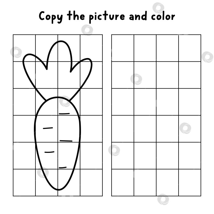 Скачать Скопируйте картинку и раскрасьте. Нарисуйте морковку. Векторная линия, квадрат, пасхальный рисунок и раскраска для практики или на листе бумаги. Черно-белая весенняя праздничная программа для детей. фотосток Ozero