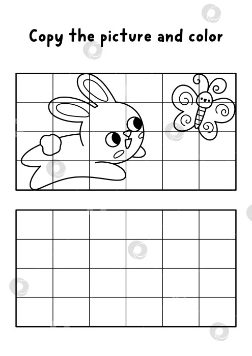 Скачать Скопируйте картинку и раскрасьте. Нарисуйте кролика. Пасхальный рисунок в векторных линиях, практикум по раскрашиванию или лист бумаги. Черно-белое весеннее праздничное развлечение для печати с зайцем, ловящим бабочку фотосток Ozero