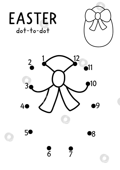 Скачать Пасхальная деревня в векторе "точка в точку" и раскрашивание с помощью симпатичного цветного яйца с бантом. Черно-белая весенняя игра "Соедини точки" для детей с символом праздника. Рабочий лист для печати в линию фотосток Ozero