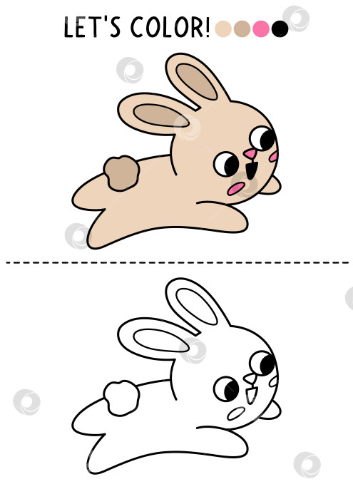 Скачать Раскраска для детей "Пасхальная деревня" с милым бегущим кроликом. Векторная иллюстрация с описанием весеннего праздника. Раскраска для детей с цветным примером. Рабочий лист для печати "Навыки рисования" фотосток Ozero