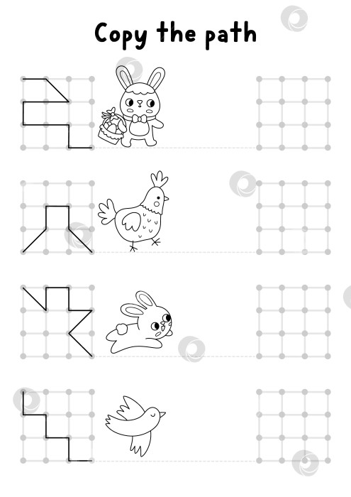 Скачать Пасхальное черно-белое рисование, письмо, обводка, ориентирование в пространстве для детей. Нарисуйте линии в квадратной рамке в соответствии с примером. Игра для печати на весенний праздник, раскраска с кроликом, курицей, птицей фотосток Ozero