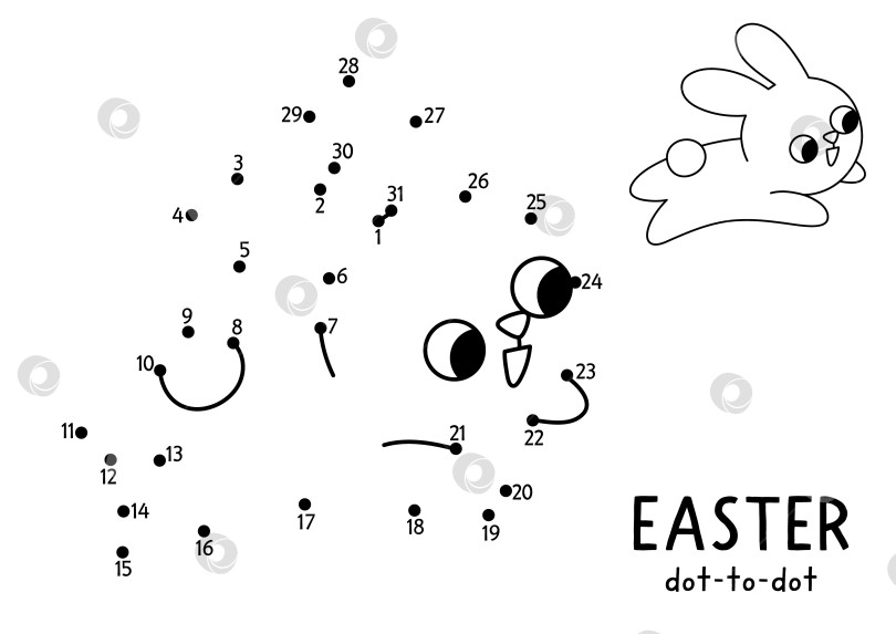 Скачать Пасхальная деревня, векторная, точечная и цветная работа с милым бегущим кроликом. Черно-белая весенняя игра "Соедини точки" с символом праздника. Рабочий лист для печати в линию с кроликом фотосток Ozero