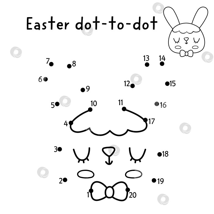 Скачать Пасхальная деревня, выполненная в векторе от точки к точке и раскрашенная в разные цвета, с милой мордочкой кролика. Черно-белая весенняя игра "Соедини точки" для детей с символом праздника. Рабочий лист для печати в линию с головой кролика фотосток Ozero