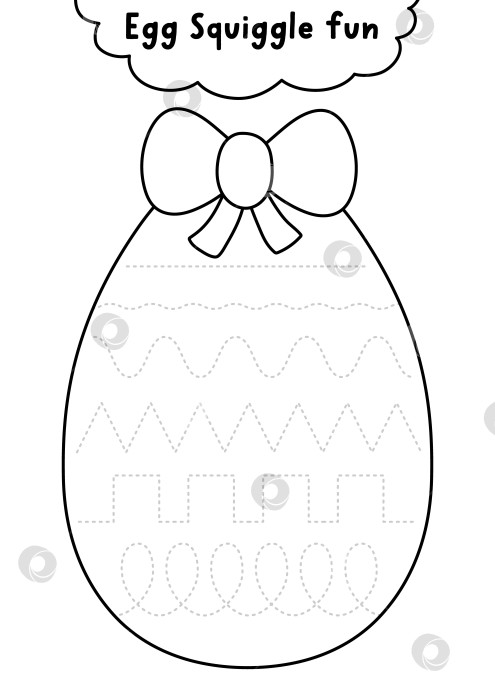 Скачать Векторный пасхальный лист для отработки рукописного ввода в форме яйца с закорючками в качестве украшения. Черно-белый рисунок для печати. Весенняя праздничная игра-раскраска фотосток Ozero
