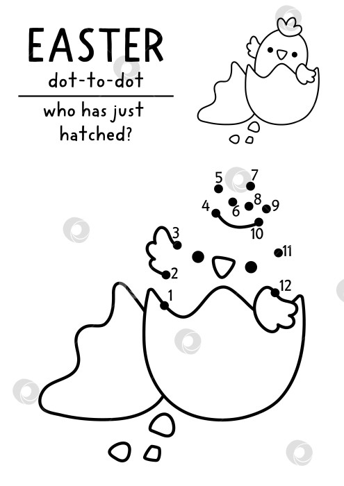 Скачать Пасхальная деревня, векторная, точечная и цветная работа с симпатичным вылупляющимся цыпленком. Черно-белая весенняя игра "Соедини точки" с символом праздника. Рабочий лист с цыпленком для печати в линию фотосток Ozero
