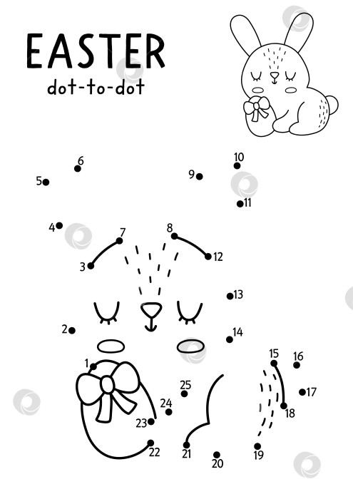Скачать Пасхальная деревня в векторе, выполненная точечно и в цвете, с милым кроликом с яйцом. Черно-белая весенняя игра "соедини точки" для детей с символом праздника. Рабочий лист с кроликом для печати в линию фотосток Ozero
