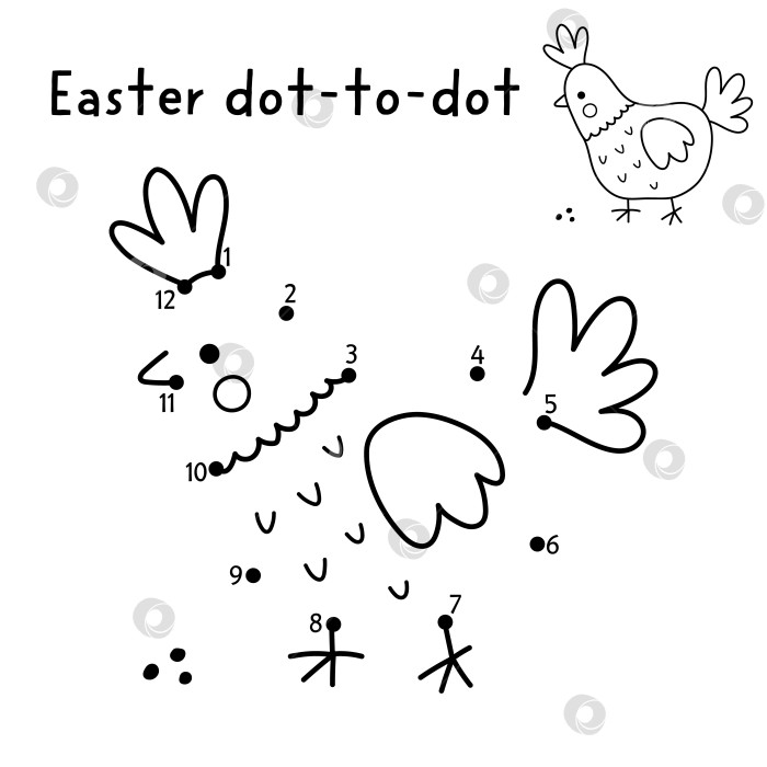Скачать Пасхальная деревня в векторе, точка в точку и раскраска с милой курочкой. Черно-белая весенняя игра "соедини точки" для детей с символом праздника. Рабочий лист для печати в линию с изображением птицы с фермы фотосток Ozero