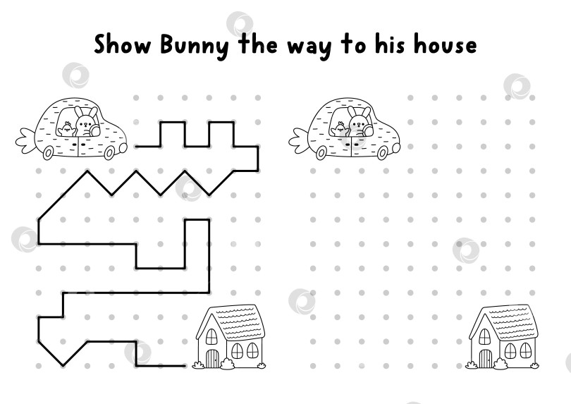 Скачать Черно-белое рисование в пасхальной деревне, письмо, обводка, ориентирование в пространстве с кроликом, направляющимся к дому. Нарисуйте линии в коробке в соответствии с примером. Игра-раскраска "Весенний праздник" для печати фотосток Ozero