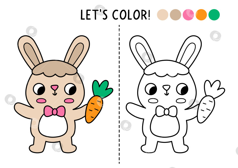 Скачать Раскраска для детей "Пасхальная деревня" с милым кроликом и морковкой. Векторная иллюстрация с описанием весеннего праздника. Раскраска для детей с цветным примером. Рабочий лист для печати "Навыки рисования" фотосток Ozero