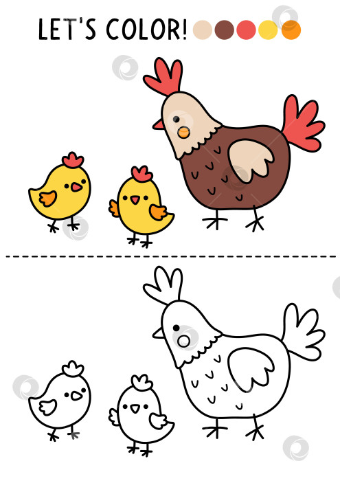 Скачать Раскраска для детей "Пасхальная деревня" с милыми курицей и цыплятами. Векторная иллюстрация с описанием весеннего праздника. Раскраска для детей с цветным примером. Рабочий лист для печати "Навыки рисования" фотосток Ozero
