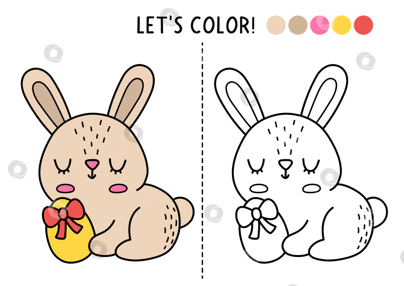 Скачать Раскраска для детей "Пасхальная деревня" с милым кроликом и яйцом. Векторная иллюстрация с описанием весеннего праздника. Раскраска для детей с цветным примером. Рабочий лист для печати "Навыки рисования" фотосток Ozero