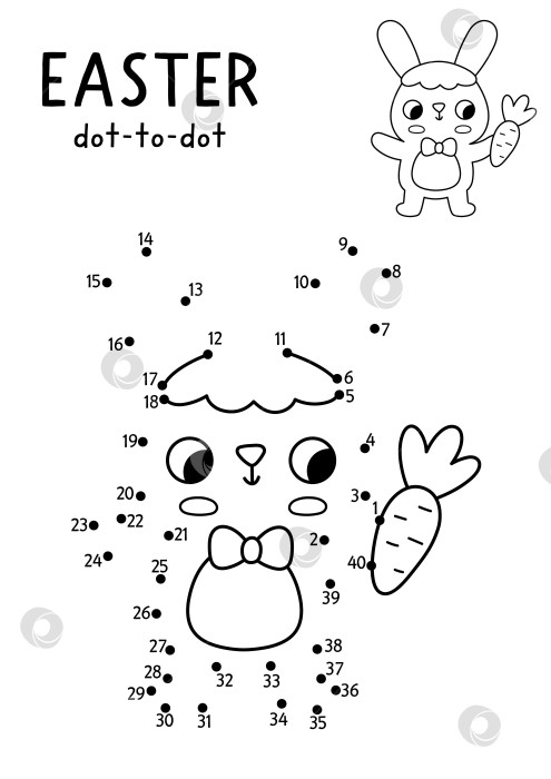Скачать Пасхальная деревня в векторе, выполненная точечно и в цвете, с милым кроликом и морковкой. Черно-белая весенняя игра "соедини точки" для детей с символом праздника. Рабочий лист с кроликом для печати в линию фотосток Ozero