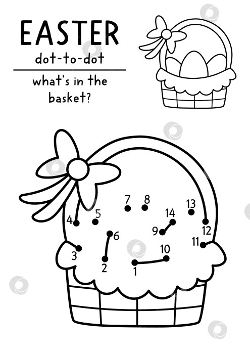 Скачать Пасхальная деревня, выполненная в векторе от точки к точке и раскрашенная, с милой корзинкой с яйцами. Черно-белая весенняя игра "соедини точки" для детей с символом праздника. Рабочий лист для печати в линию фотосток Ozero