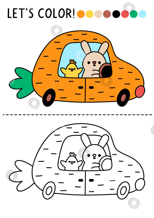 Скачать Раскраска для детей "Пасхальная деревня" с милым кроликом за рулем автомобиля в форме морковки. Векторная иллюстрация с описанием весеннего праздника. Цветная книга с цветным примером. Рабочий лист для печати "Навыки рисования" фотосток Ozero