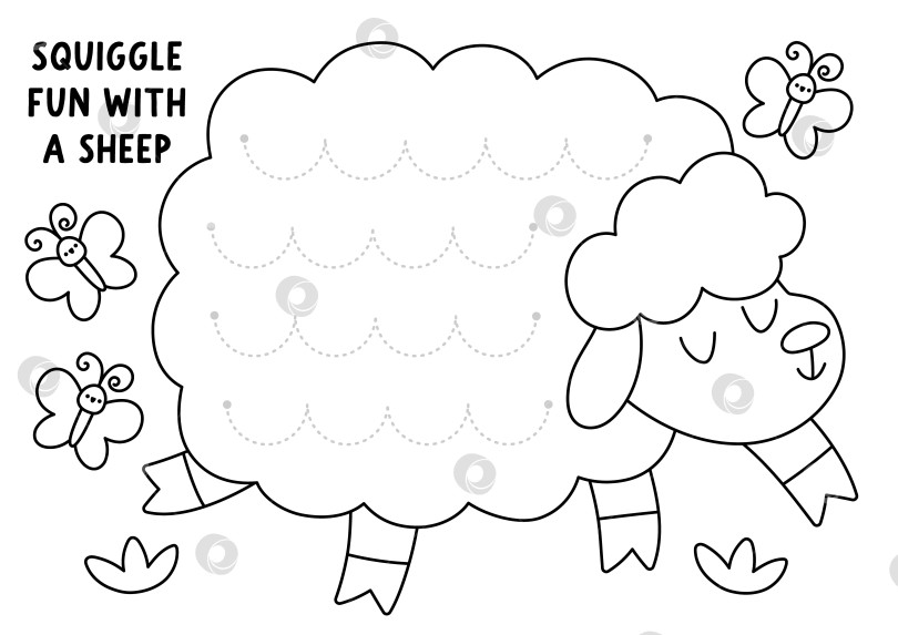 Скачать Векторный пасхальный рабочий лист для отработки рукописного ввода в форме овцы с закорючками для шерстяного узора. Задание для рисования для печати, раскраска. Весенняя праздничная игра для рисования линий с сельскохозяйственными животными фотосток Ozero