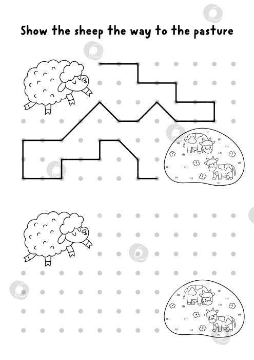 Скачать Черно-белое рисование в пасхальной деревне, письмо, обводка, ориентирование в пространстве для детей. Овцы отправляются на фермерское поле с коровой. Нарисуйте линии в поле в соответствии с примером. Раскраска "Весенний праздник" фотосток Ozero