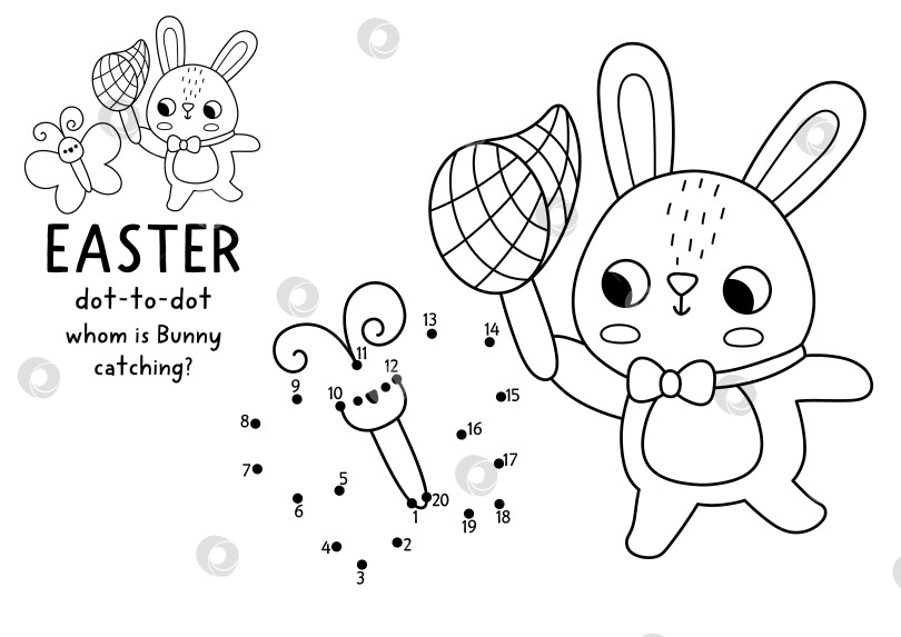 Скачать Пасхальная деревня, векторная, точечная и цветная работа с кроликом, ловящим бабочку. Черно-белая весенняя игра "соедини точки" для детей с символом праздника. Рабочий лист с кроликом для печати в линию фотосток Ozero