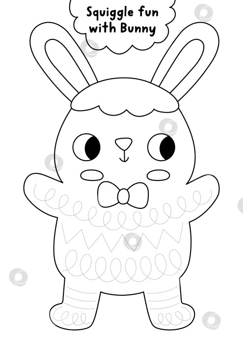 Скачать Векторный черно-белый пасхальный лист для отработки рукописного ввода в форме кролика с закорючками на теле. Занятие для дошкольников, пригодное для печати. Весенняя праздничная игра-раскраска для рисования линий фотосток Ozero