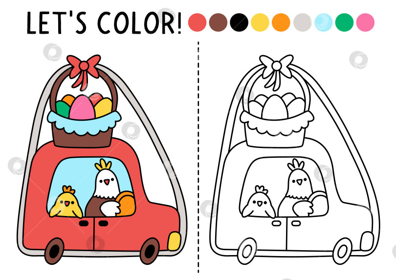 Скачать Раскраска для детей "Пасхальная деревня", на которой изображена курица за рулем автомобиля с корзиной яиц. Векторная иллюстрация с описанием весеннего праздника. Раскраска для детей с цветным примером. Рабочий лист для печати "Навыки рисования" фотосток Ozero