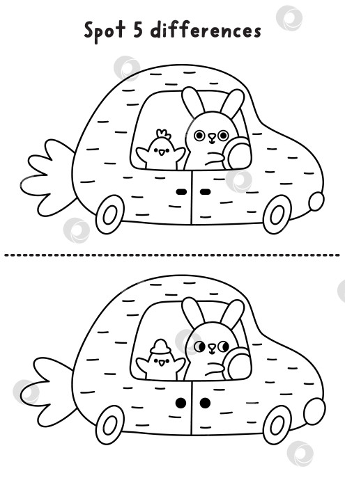 Скачать Пасхальная черно-белая игра "найди отличия". На весенних праздниках кролик водит машинку в форме морковки с цыпленком. Милая головоломка для детей. Рабочий лист для печати, раскраска. фотосток Ozero