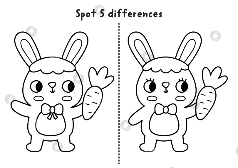 Скачать Пасхальная черно-белая игра "найди отличия". Развивающее занятие "Весенний праздник" с кроликом, стоящим с морковкой. Милая головоломка для детей. Рабочий лист для печати и раскраска для привлечения внимания фотосток Ozero