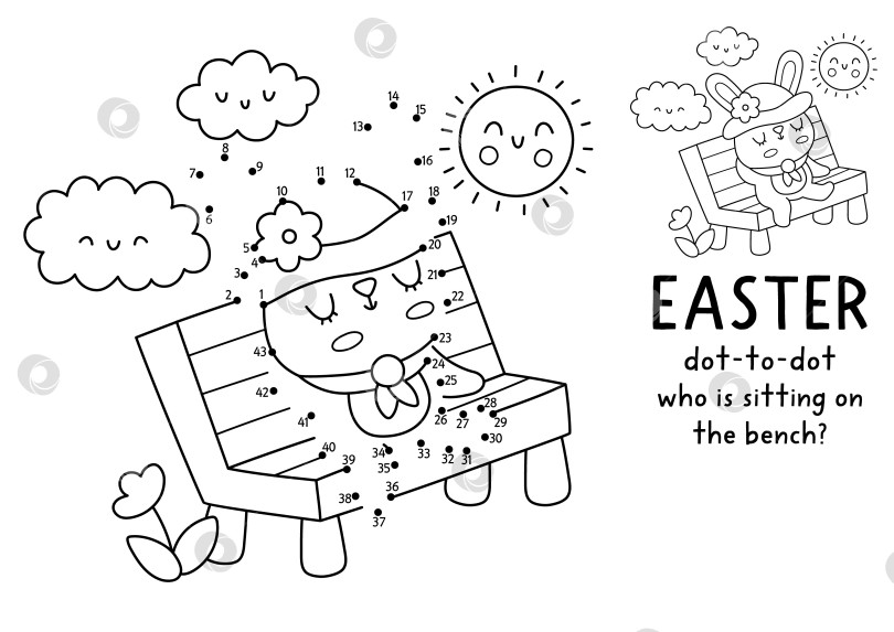 Скачать Пасхальная деревня, векторная, точечная и цветная работа с кроликом, сидящим на скамейке в солнечный день. Черно-белая весенняя игра "Соедини точки" с символом праздника. Рабочий лист для печати в линию фотосток Ozero