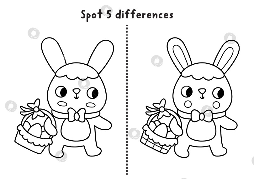 Скачать Пасхальная черно-белая игра "найди отличия". Развивающее занятие "Весенний праздник" с кроликом, собирающим корзинку с яйцами. Милая головоломка для детей. Рабочий лист для печати, раскраска для развития логики и внимания фотосток Ozero