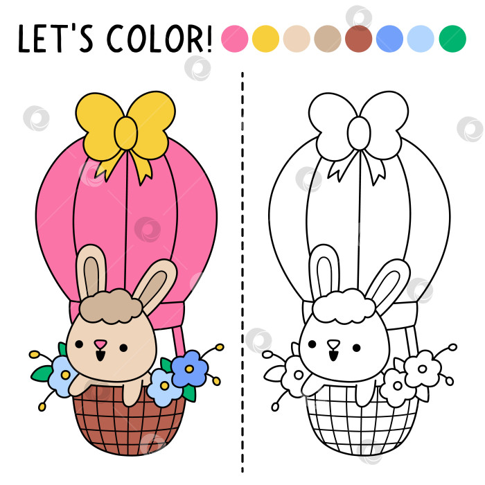Скачать Раскраска для детей "Пасхальная деревня" с милым кроликом на воздушном шаре. Векторная иллюстрация с описанием весеннего праздника. Раскраска для детей с цветным примером. Рабочий лист для печати "Навыки рисования" фотосток Ozero