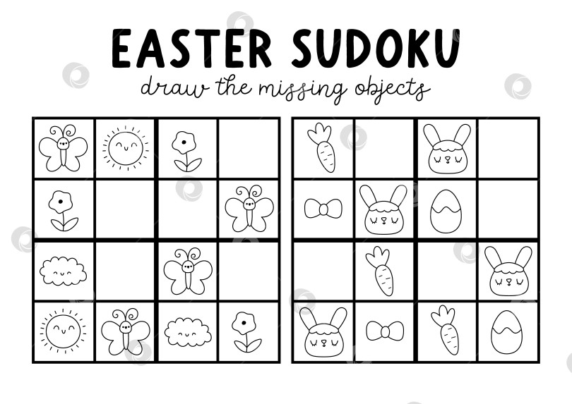 Скачать Векторная пасхальная деревенская головоломка-судоку для детей с картинками. Черно-белая викторина с кроликом, шоколадным яйцом, морковкой, цветком. Праздничное мероприятие или раскраска "Весенняя линейка". Нарисуйте недостающий объект фотосток Ozero