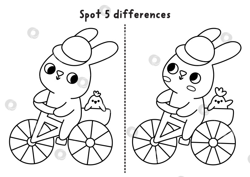 Скачать Пасхальная черно-белая игра "найди отличия". На весенних каникулах кролик катается на велосипеде с цыпленком в корзинке. Милая головоломка для детей. Рабочий лист для печати, раскраска. фотосток Ozero