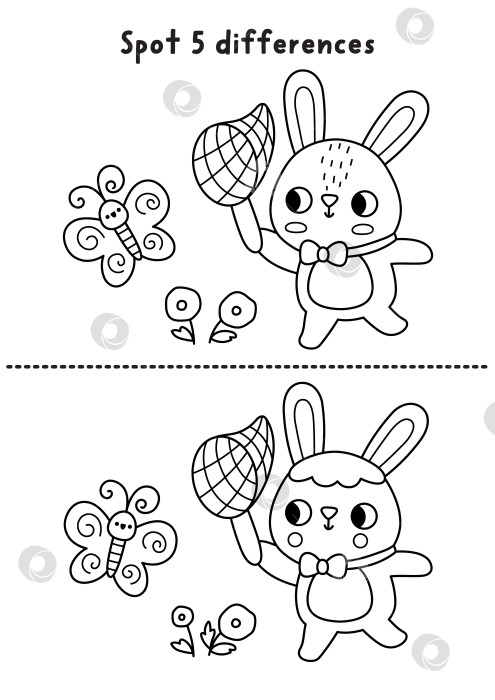 Скачать Пасхальная черно-белая игра "найди отличия". Развивающее занятие "Весенний праздник" с кроликом, который ловит бабочку сачком. Милая головоломка для детей. Рабочий лист для печати, раскраска фотосток Ozero