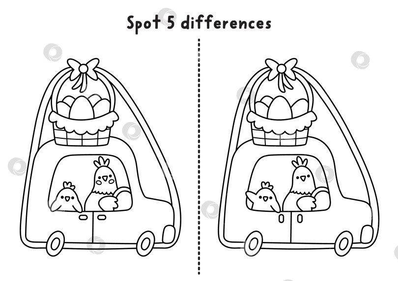Скачать Пасхальная черно-белая игра "найди отличия". Развивающее занятие "Весенний праздник" с курицей, управляющей машиной с корзинкой для яиц и цыпленком. Милая головоломка для детей. Рабочий лист для печати, раскраска фотосток Ozero