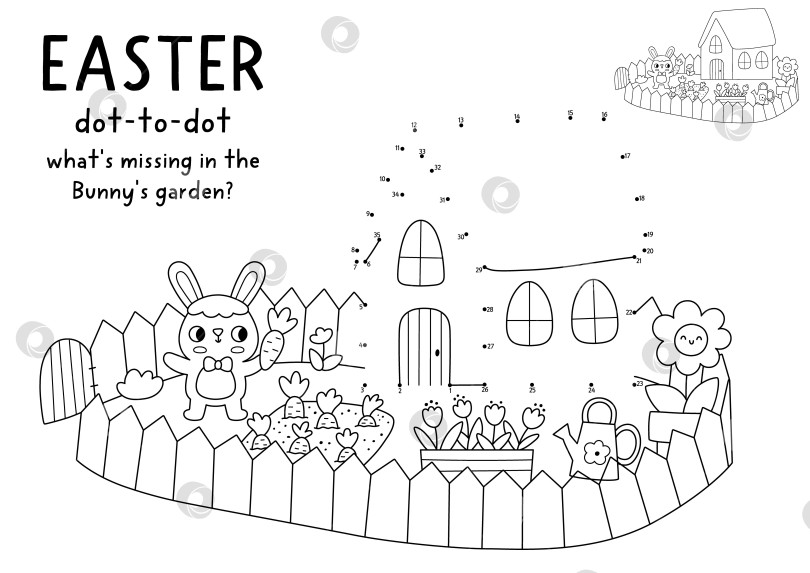 Скачать Пасхальная деревня, векторная, точечная и цветная работа с домом. Черно-белая весенняя игра "соедини точки" с символом праздника. Рабочий лист для печати в линию. Чего не хватает в кроличьем саду фотосток Ozero