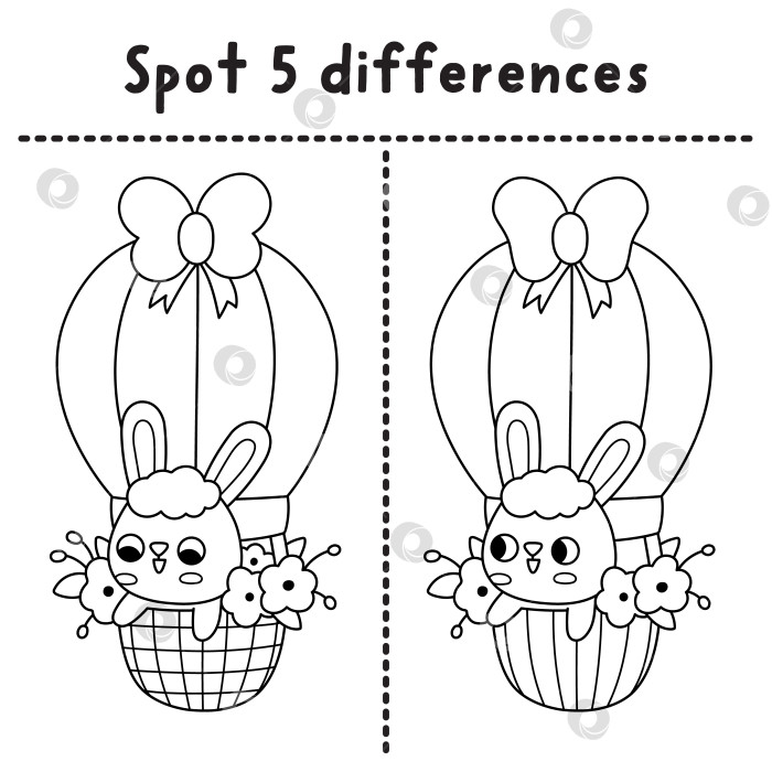 Скачать Пасхальная черно-белая игра "найди отличия". Развивающее занятие "Весенний праздник" с кроликом, летящим на воздушном шаре с цветами. Милая головоломка для детей. Рабочий лист для печати, раскраска фотосток Ozero
