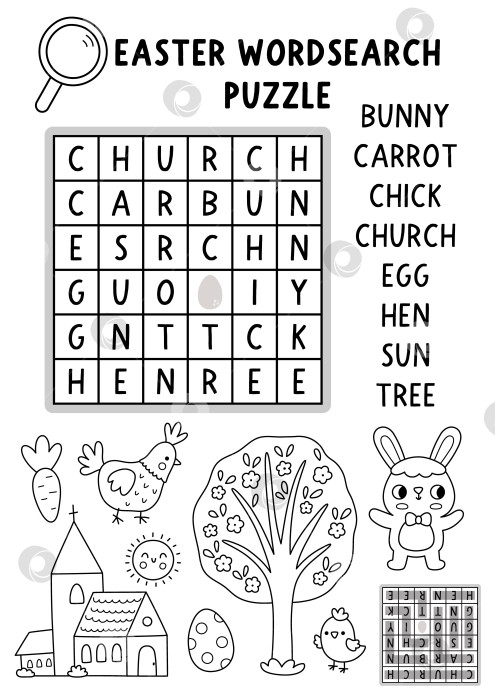 Скачать Векторная пасхальная головоломка для поиска слов для детей. Викторина по поиску слов с кроликом, церковью, курицей, цыпленком, морковкой для детей. Черно-белая весенняя праздничная образовательная игра с перекрестными словами, раскраска фотосток Ozero